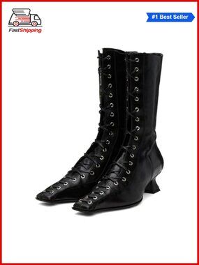 Womens Lace Up Mid Calf Boots Pointed Square Toe Kitten Heel Vintage Witch